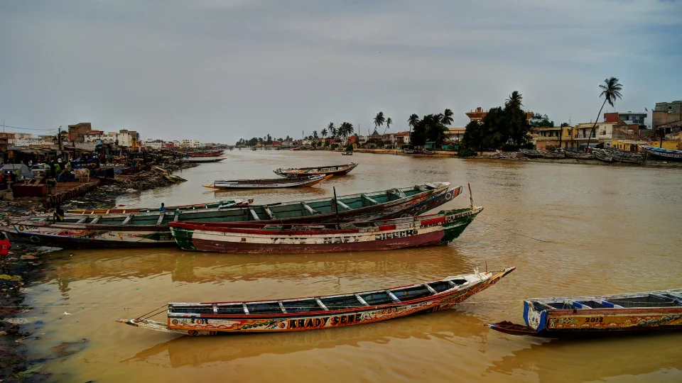 Fleuve Sénégal et pirogues de pêcheurs près de Saint-Louis